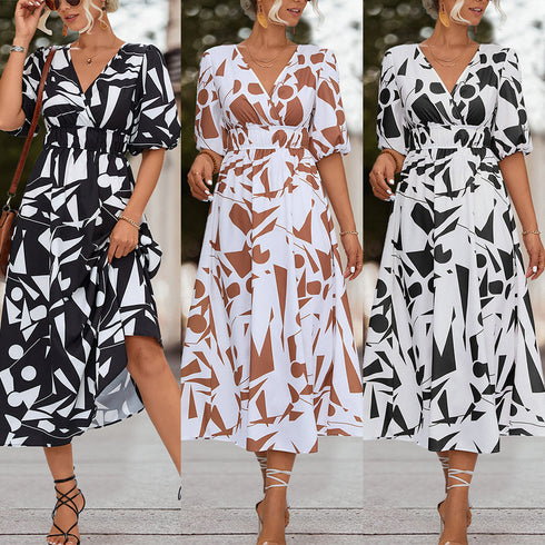 Women's V-neck Puff Sleeve Dress - ROUTINE FASHION