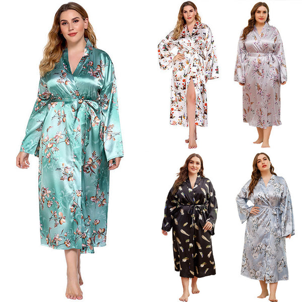 Long Robes For Women Flower Print Bathrobe V-neck Silk Sleepwear - ROUTINE FASHION