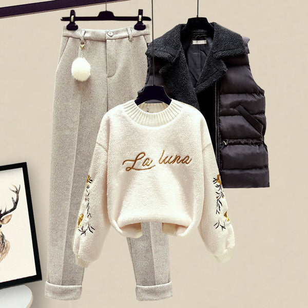 Women's Matching Waistcoat Sweater Pants Autumn And Winter Three-piece Suit - ROUTINE FASHION