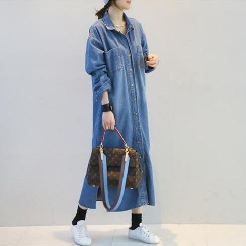 Fashion Denim Long Slit Loose Denim Shirt Jacket - ROUTINE FASHION