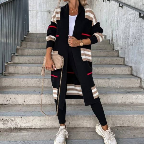 Women's Long Cardigan Striped European And American Style Women Knitted Sweater - ROUTINE FASHION