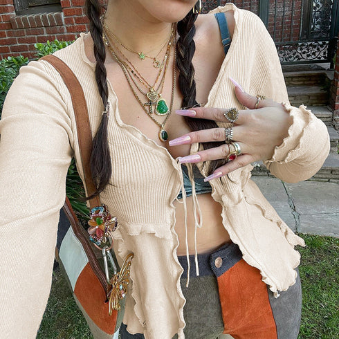 Spice Girls Tie V-Neck Cardigan Long Sleeve Top Women - ROUTINE FASHION