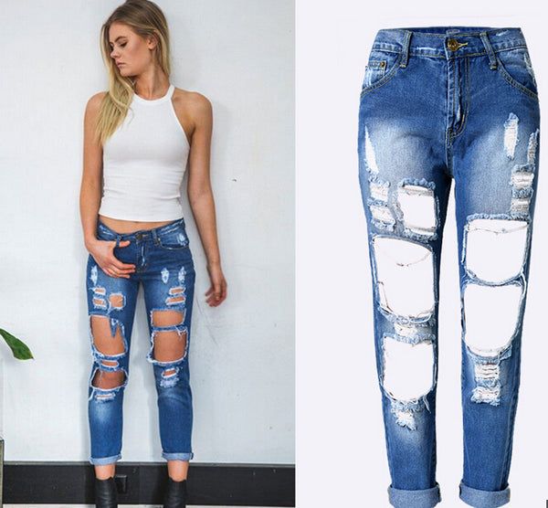 Ripped Jeans High Waist Women Ripped Hole Knee Skinny Pants - ROUTINE FASHION