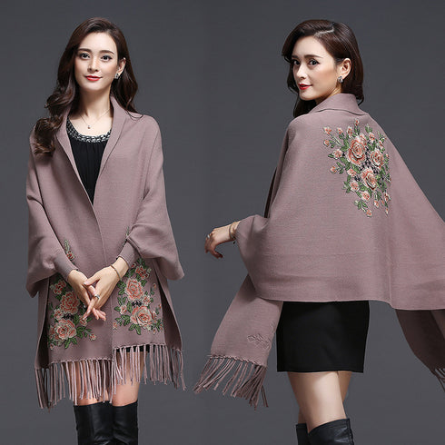 Shawl Women Embroidered Outer Cape Cloak Thick Sweater Coat - ROUTINE FASHION