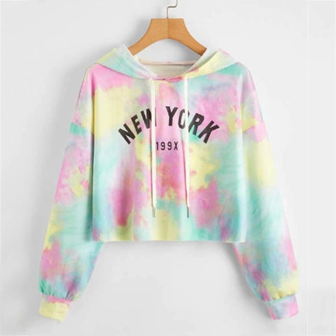 Hoodies Women Rainbow Tie Dye Print Women's Sweatshirt Autumn Cropped Hoodie Harajuku Streetwear Crop Top Hoodie Moletom - ROUTINE FASHION