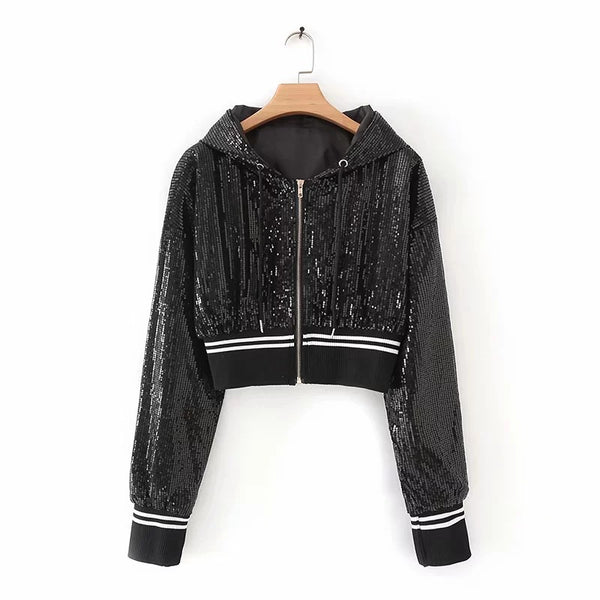 Black And Silver Women's Coat Sequins Zipper Sweet Long-sleeved Short Coat Women - ROUTINE FASHION