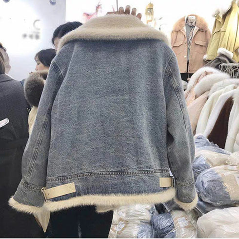 Fashion Plus Velvet Denim Jacket Women Short - ROUTINE FASHION