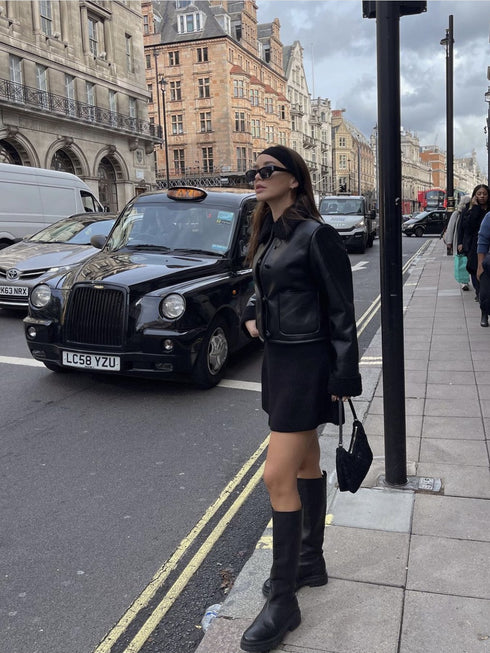 Black Leather Coat Jacket Short Plush High Fashion Winter Women - ROUTINE FASHION