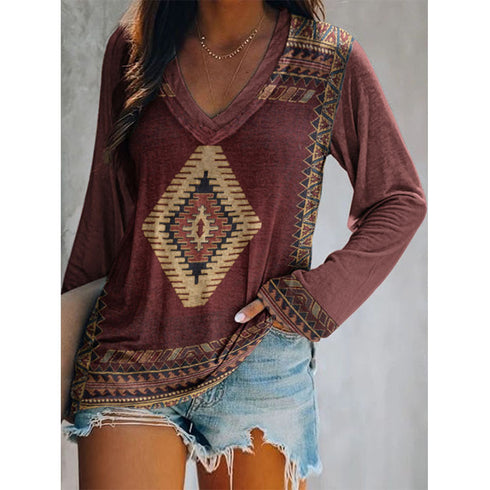 Top Ethnic Orientation Print Long Sleeve T-Shirt Women - ROUTINE FASHION