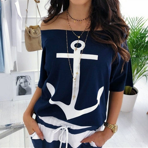 Loose Shoulder Bat Shirt Printed T-Shirt Women - ROUTINE FASHION