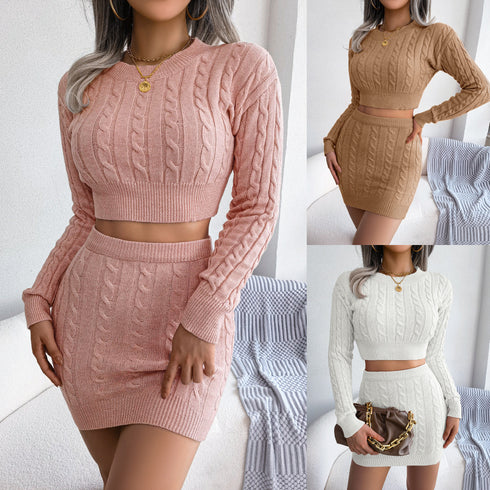 Casual Twist Cropped Sweater Package Hip Skirt Set - ROUTINE FASHION