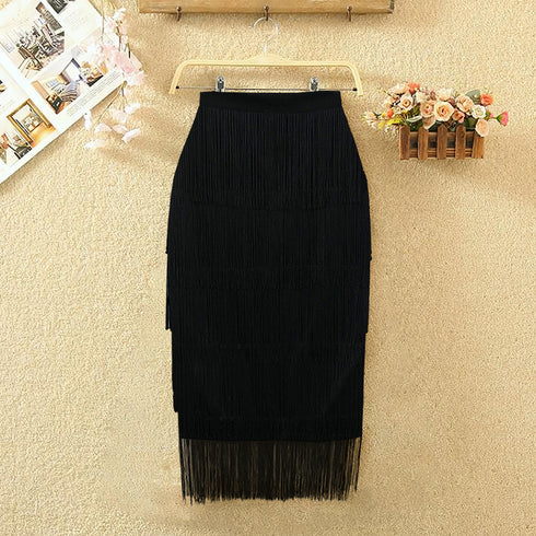High Waist Patchwork Tassel Skirt Slim Wrap Hip Skirt - ROUTINE FASHION