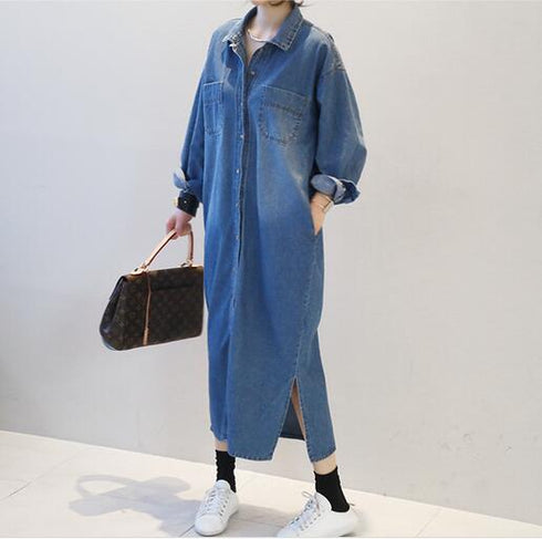Fashion Denim Long Slit Loose Denim Shirt Jacket - ROUTINE FASHION