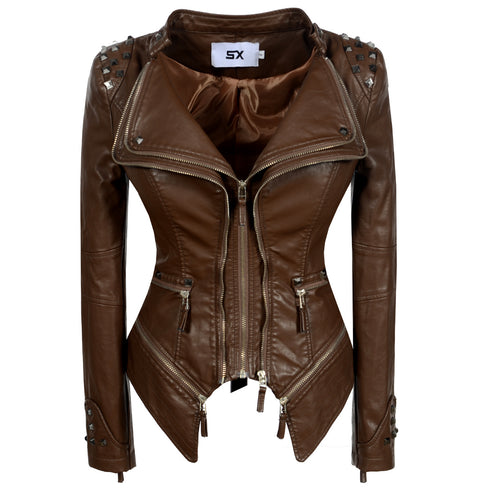 Women's Rivet Slim Washed Leather Motorcycle Jacket - ROUTINE FASHION