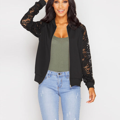 Women Bomber Jacket With Lace - ROUTINE FASHION