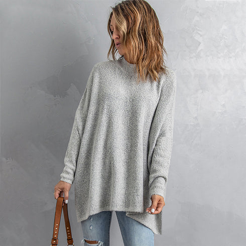 Mid-length Solid Jumper Women's Loose Diagonal Hem Sweater - ROUTINE FASHION