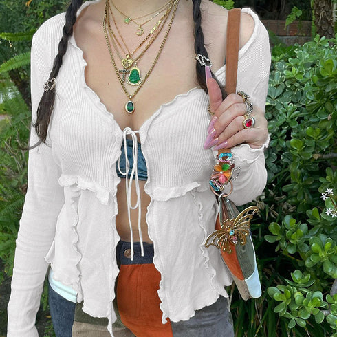 Spice Girls Tie V-Neck Cardigan Long Sleeve Top Women - ROUTINE FASHION