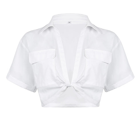 Women's Crop Navel Twist Solid Polo Collar Shirt T-Shirt Top - ROUTINE FASHION