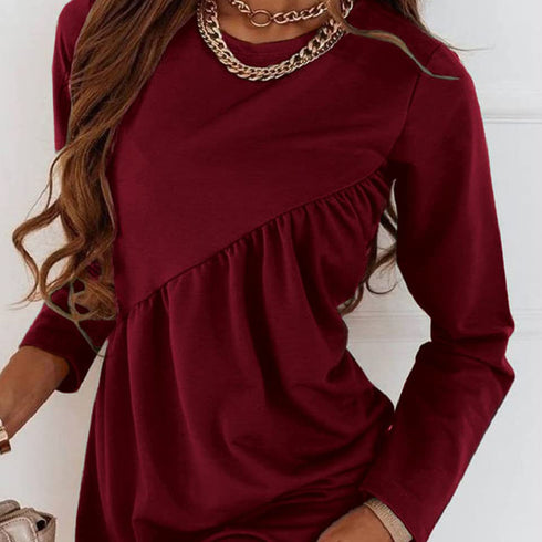 Women's Long Sleeve Mini Tunic Casual Round Neck Loose Dress - ROUTINE FASHION