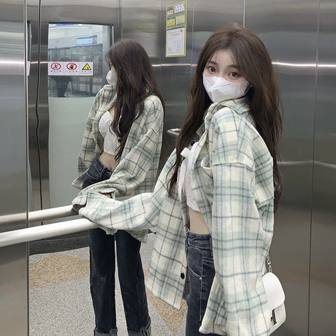 Green Check Shirt Top Lazy Loose Polo Collar Women's - ROUTINE FASHION