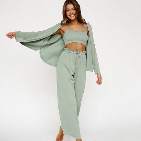 Women's Fashion Solid Color Pajamas Undershirt Three-piece Set - ROUTINE FASHION
