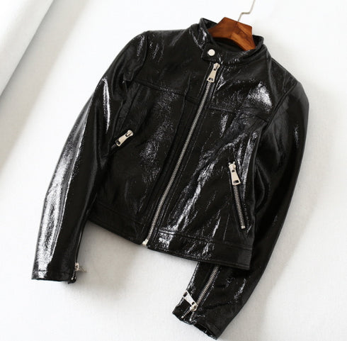 Black Bright Leather PU Short Motorcycle Leather Jacket Women's Jacket - ROUTINE FASHION
