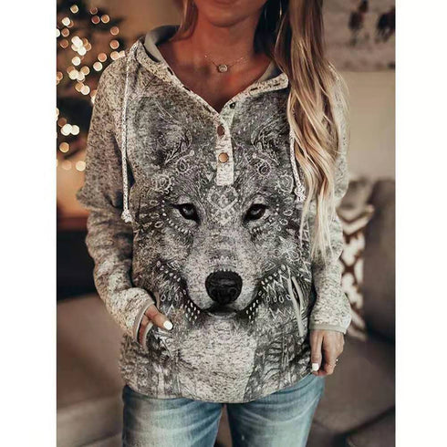 Women's Animal Wolf Print Casual Hoodie - ROUTINE FASHION