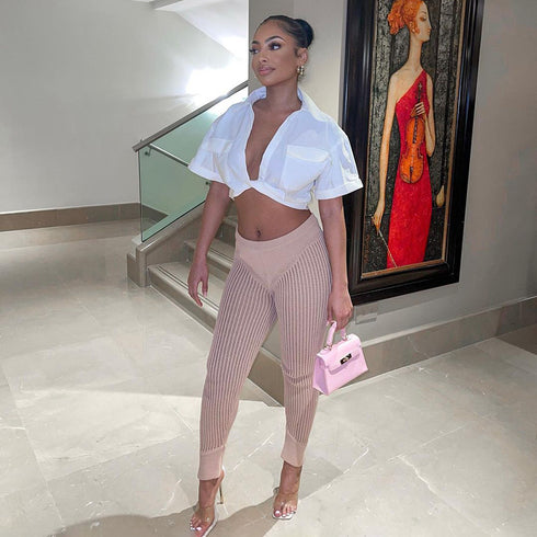 Women's Crop Navel Twist Solid Polo Collar Shirt T-Shirt Top - ROUTINE FASHION