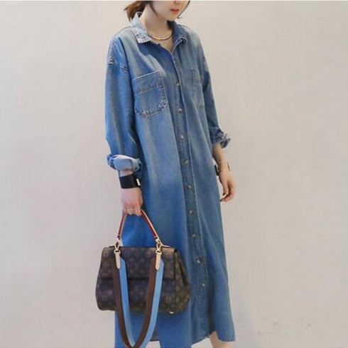 Fashion Denim Long Slit Loose Denim Shirt Jacket - ROUTINE FASHION