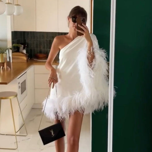 One Shoulder Fur Hem Cape Dress - ROUTINE FASHION