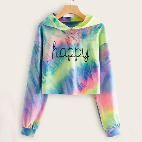 Hoodies Women Rainbow Tie Dye Print Women's Sweatshirt Autumn Cropped Hoodie Harajuku Streetwear Crop Top Hoodie Moletom - ROUTINE FASHION