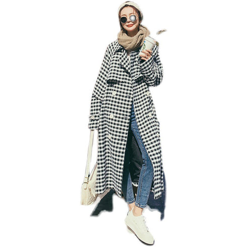 Women's Winter Classic Black And White Lattice Long Thick Woolen Coat - ROUTINE FASHION
