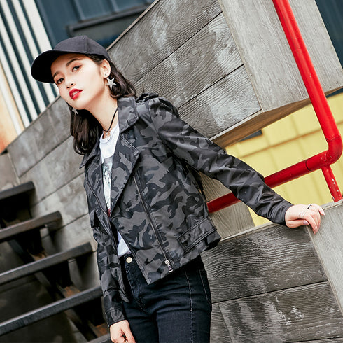 Lapel Short Camouflage Leather Bomber Jacket - ROUTINE FASHION
