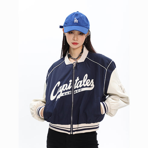 American Retro Contrast Letter Embroidery Loose Sports Bomber - ROUTINE FASHION