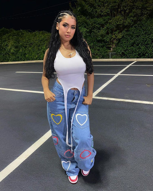 Multi-pocket Colorful Heart Print Jeans Women's Flared Pants - ROUTINE FASHION