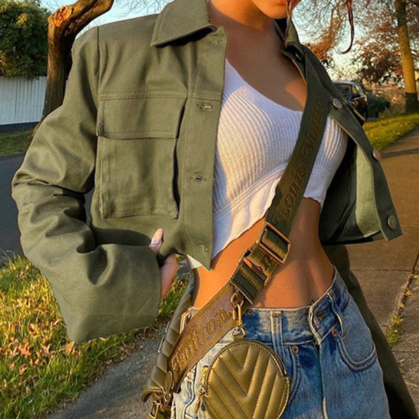 Distressed Multi-pocket Panelled Army Green Lightweight Jacket - ROUTINE FASHION