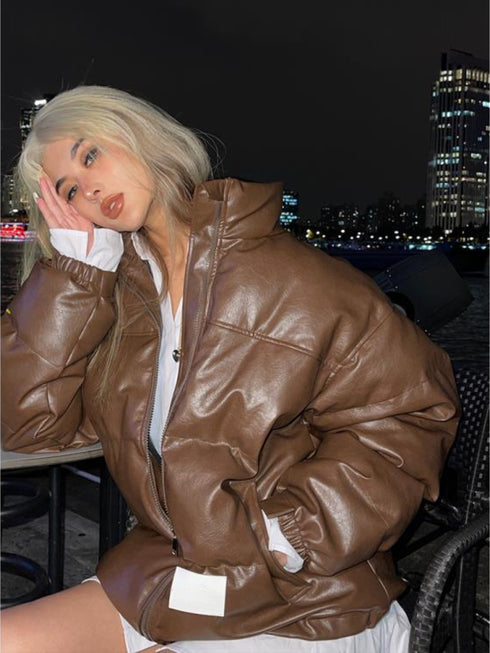 Winter Stand Collar Zipper Brown Parka Jacket Women - ROUTINE FASHION