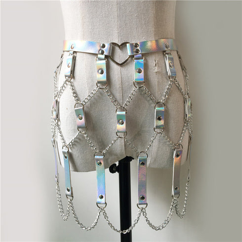 Women's Punk Laser Leather Waist Chain Skirt - ROUTINE FASHION