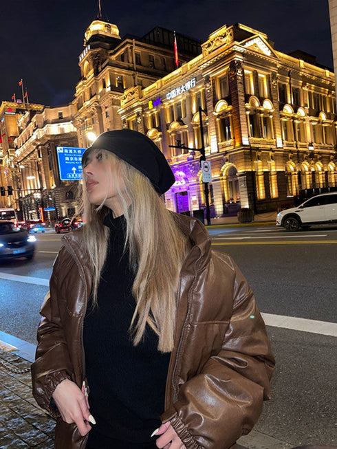 Winter Stand Collar Zipper Brown Parka Jacket Women - ROUTINE FASHION