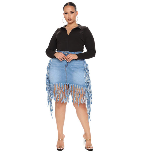 Women's Spring Denim Skirt With Fringe - ROUTINE FASHION