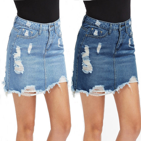 Women's Ripped Fringed Loose Sexy Denim Skirt Short Skirt - ROUTINE FASHION