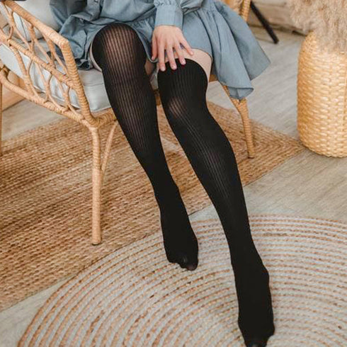 Sexy Women Tights Over Knee Double Stripe Sheer Black - ROUTINE FASHION