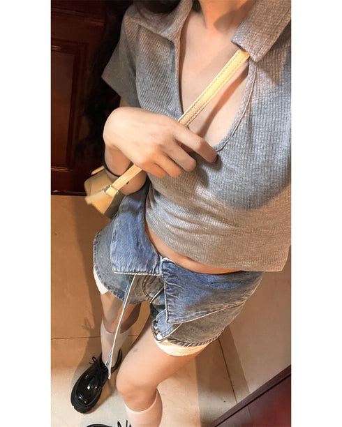 Grey Polo Collar Short Sleeve T-shirt Women Slimming Top - ROUTINE FASHION