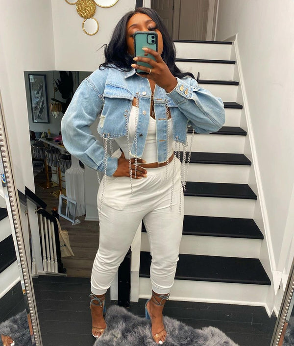 Short Frayed Denim Jacket Women Chain Fashion Style - ROUTINE FASHION