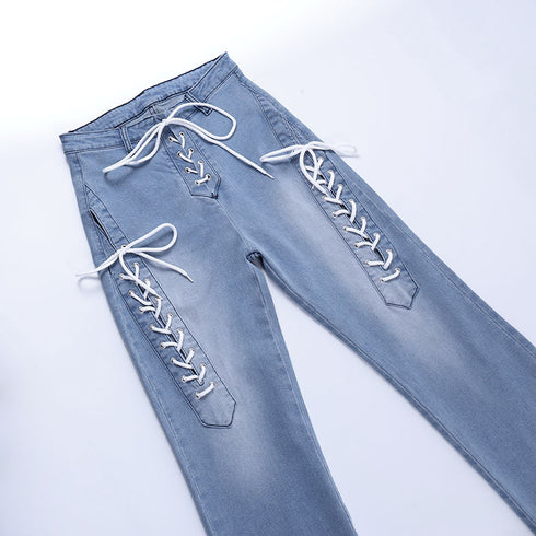 Cutout Statement Strapping Straight Leg Flared Jeans - ROUTINE FASHION