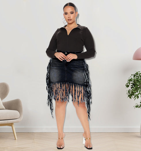 Women's Spring Denim Skirt With Fringe - ROUTINE FASHION