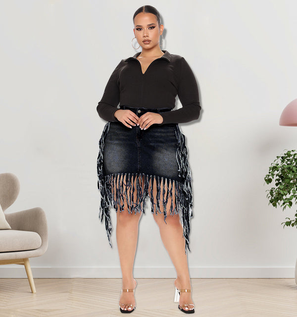 Women's Spring Denim Skirt With Fringe - ROUTINE FASHION