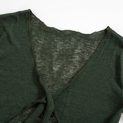 Mesh Sheer Tie Long Sleeve Wrap Top Casual Skirt - ROUTINE FASHION