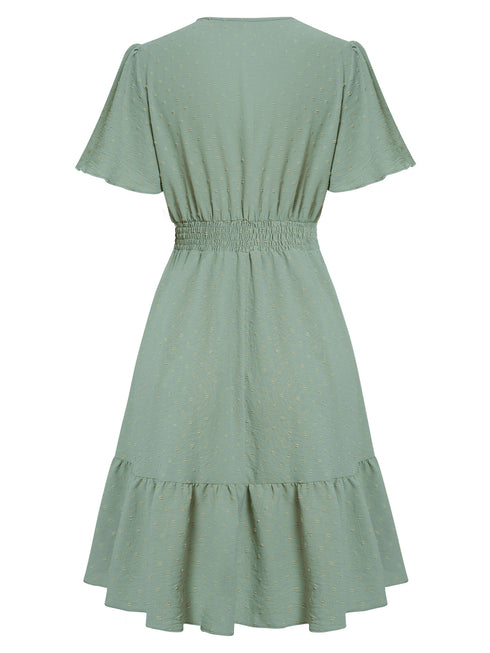 V Neck Solid Color Ruffle Sleeve Dress - ROUTINE FASHION