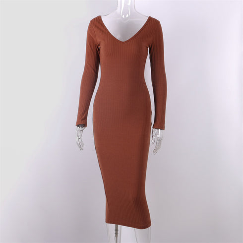 Long Skirt Deep V-neck Long-sleeved Knitted Jumper - ROUTINE FASHION